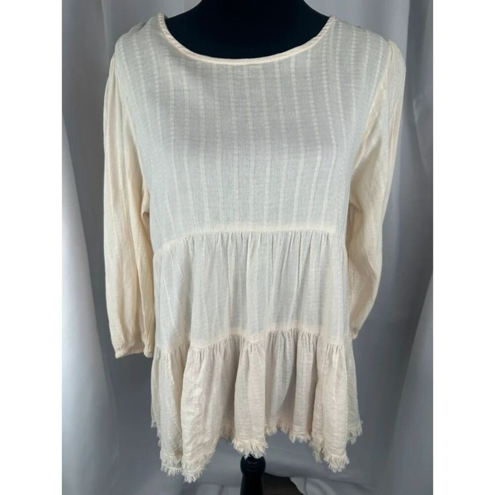 Cream Peasant Style Top Tiered Babydoll Waist Fringe Hem Size Large Boho Cottage